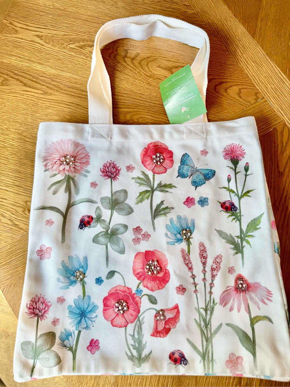 Crafted in INDIA 🐘 Tote Bead Embellished Canvas Shoulder Bag Floral Lady Bug NWT